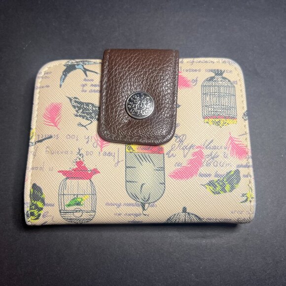 Women's Beautiful Beige & Brown Relic Birds & Bird Cage Print Bifold Wallet - Picture 2 of 7